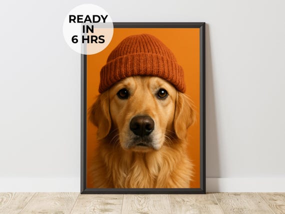 Fall Pet Portrait Beanie Dog Art Print
