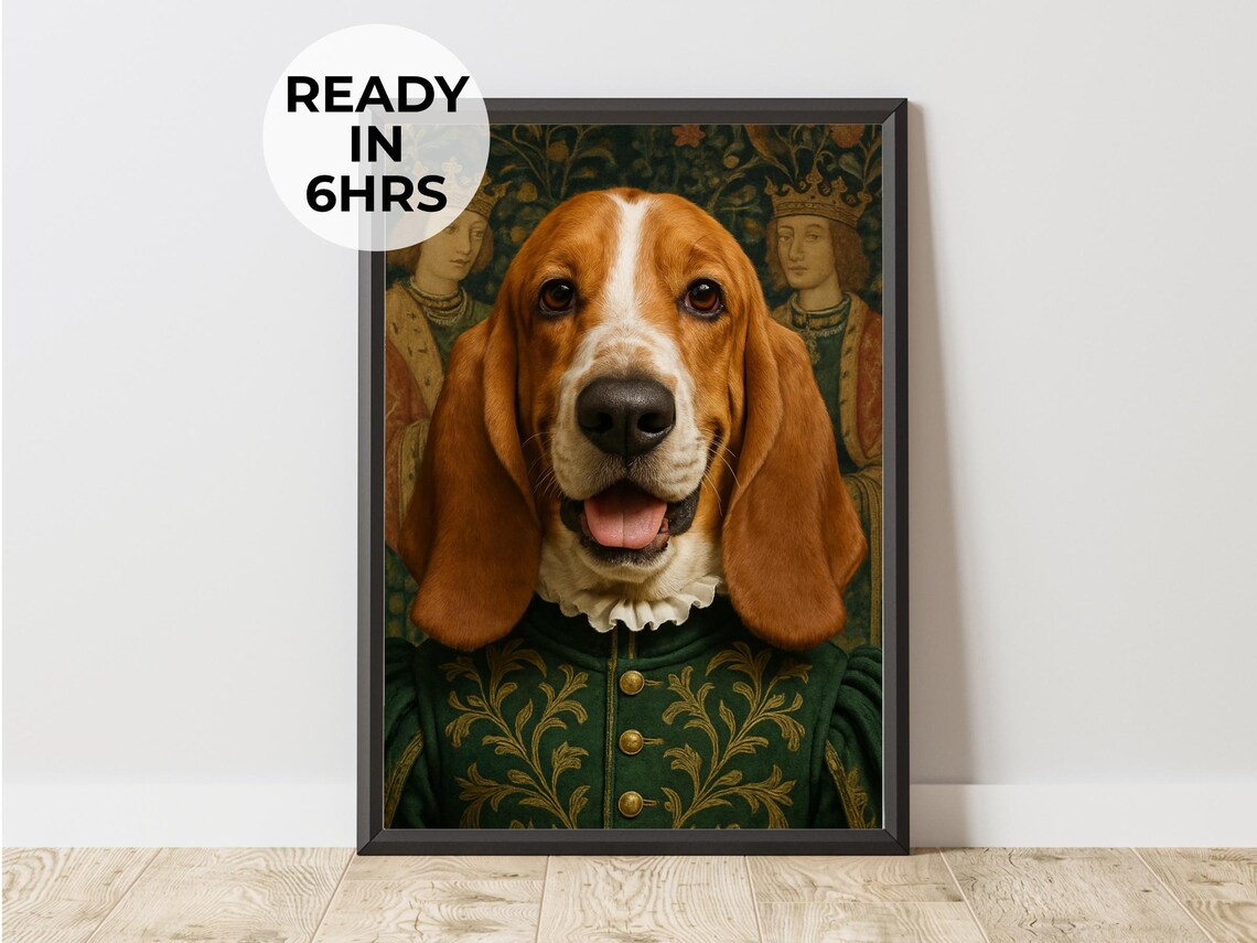 Basset Hound Elizabethan Costume Green Brocade Royal Pet Portrait Print