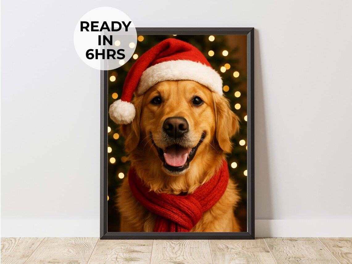 Golden Retriever Santa Hat Red Scarf Festive Christmas Portrait Dog Poster