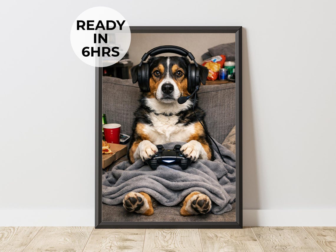 Custom Gamer Pet Portrait Funny Animal Art Video Game Gift