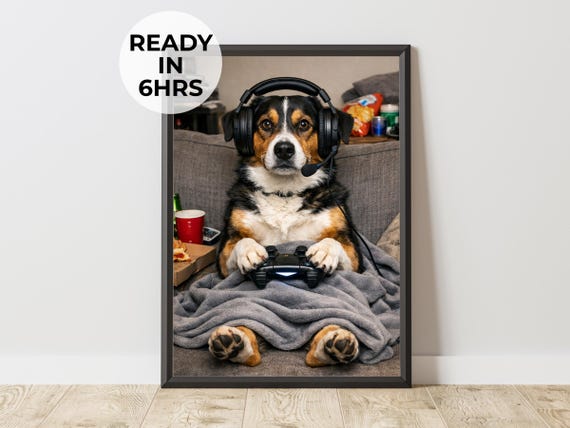 Custom Gamer Pet Portrait Funny Animal Art Video Game Gift