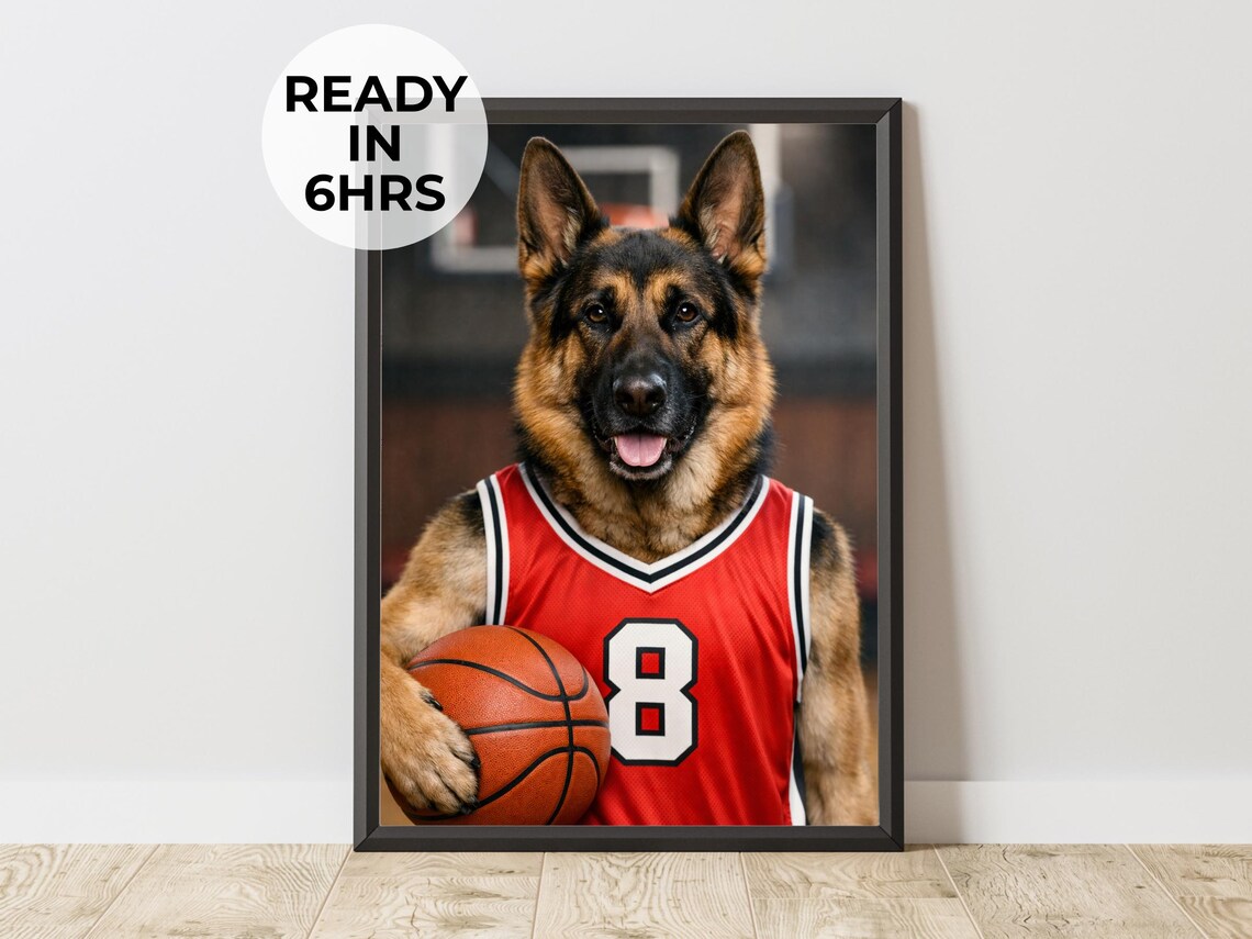 Custom German Shepherd Basketball Player Portrait Funny Sports Dog Wall Art