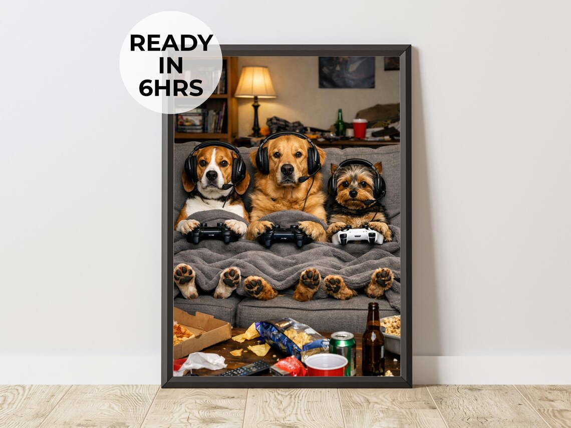 Custom Gamer Pet Portrait, Funny Animal Art Print