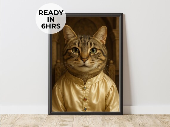 Tabby Cat Gold Satin Tunic Noble Royal Funny Pet Portrait Wall Art