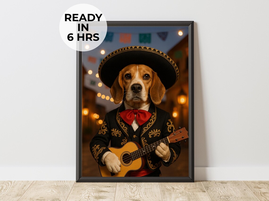 Beagle Mariachi Dog In Sombrero With Guitar Fiesta Party Portrait Poster