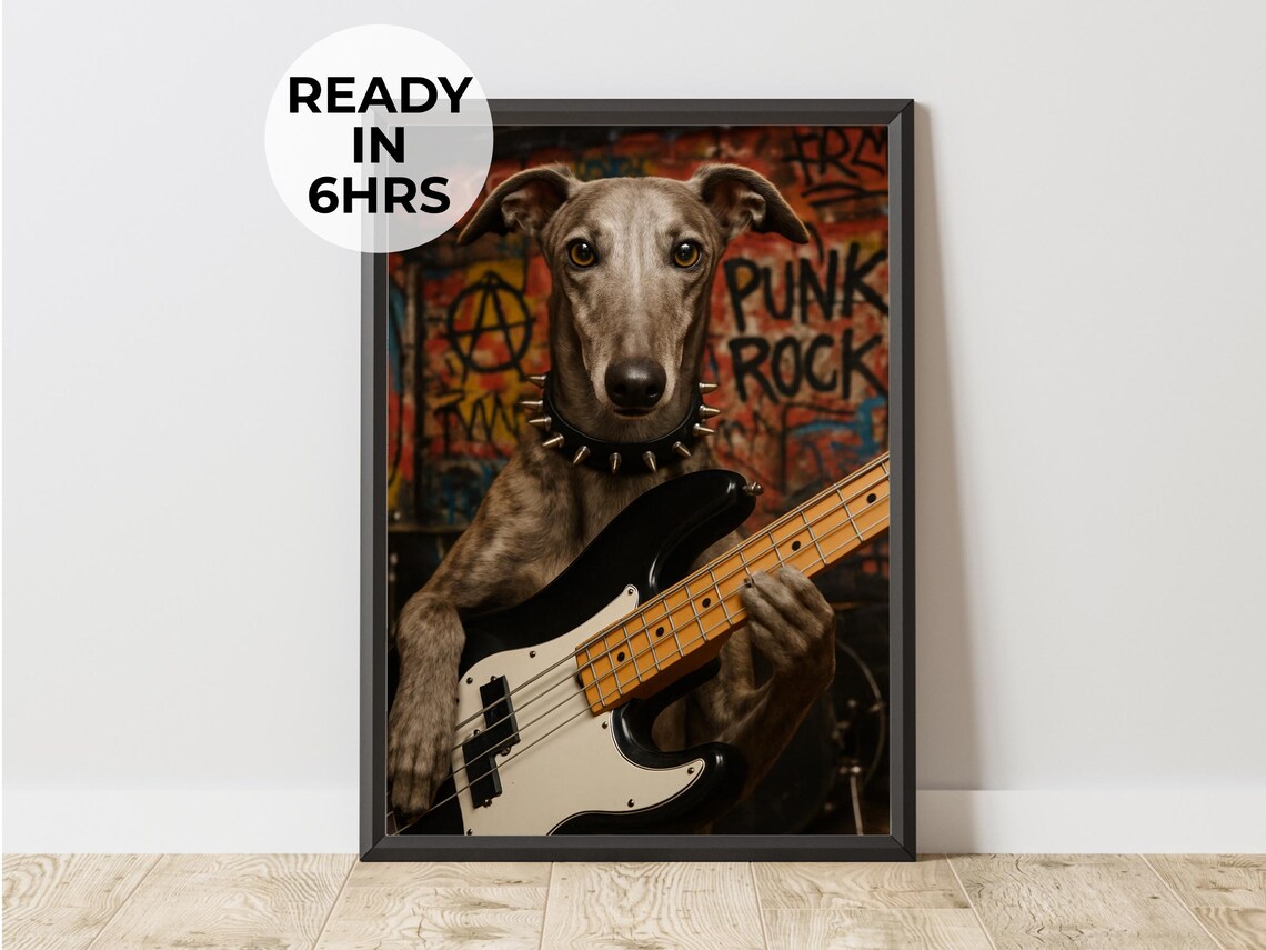 Rocker Pet Portrait Bass Dog Art, Punk Gift