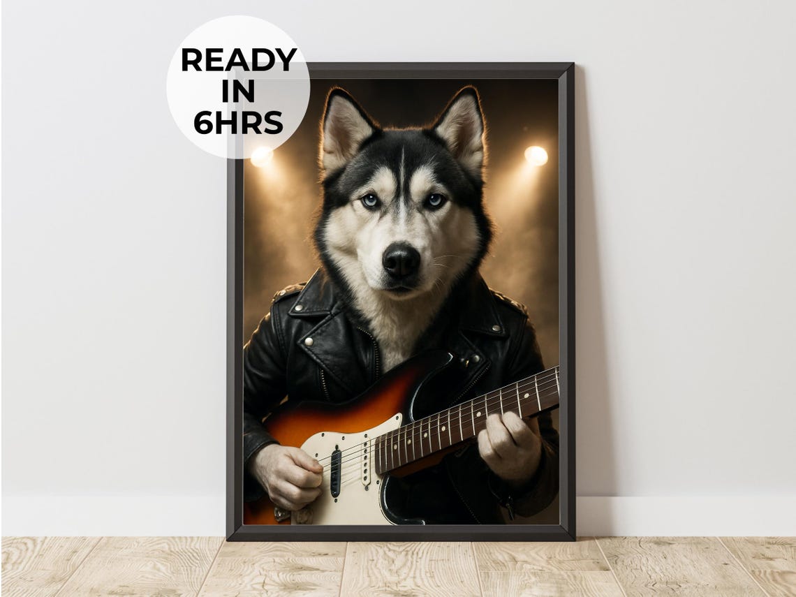 Husky In Leather Jacket Playing Electric Guitar Rock Star Poster