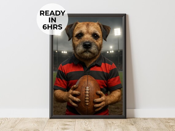 Funny Border Terrier Rugby Player Red Jersey Ball Sports Portrait Poster