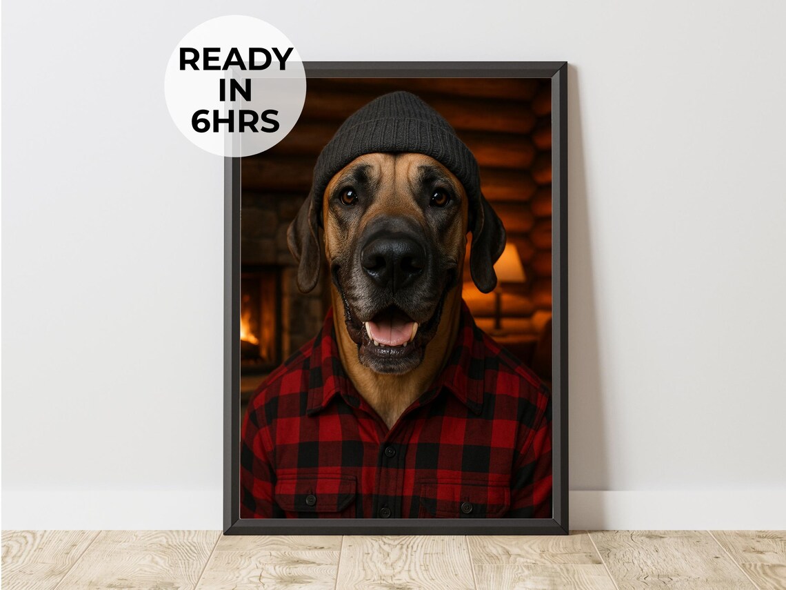 Custom Lumberjack Pet Portrait, Cabin Decor Art Print