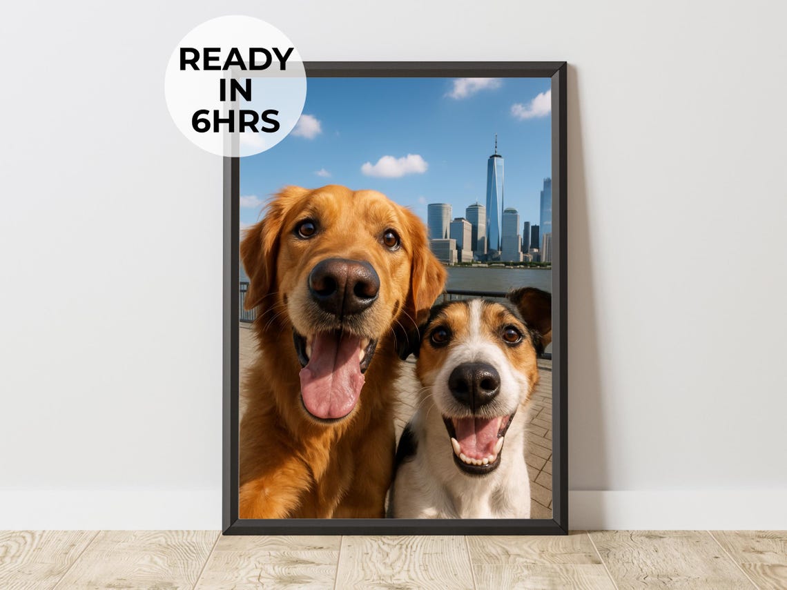 Two Happy Dogs Selfie City Skyline Golden Retriever Funny Dog Poster