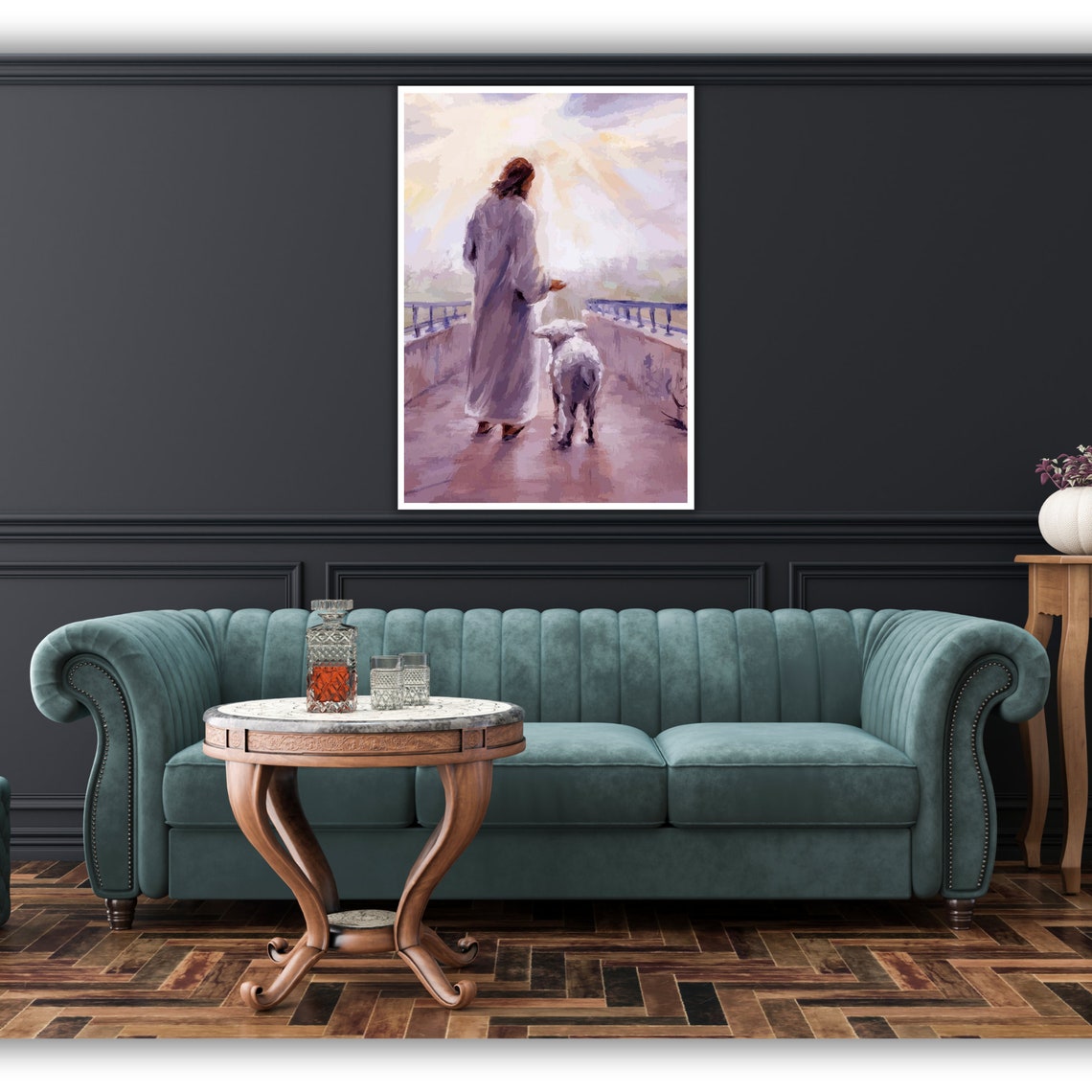 Jesus Walking With Lamb Soft Lavender Watercolor Peaceful Art Poster - Image 3
