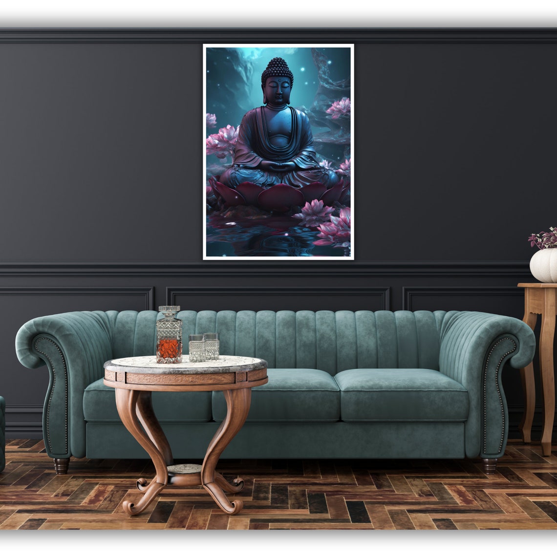 Blue Buddha Lotus Pond Pink Blossoms Moonlit Night Zen Art Poster - Image 3