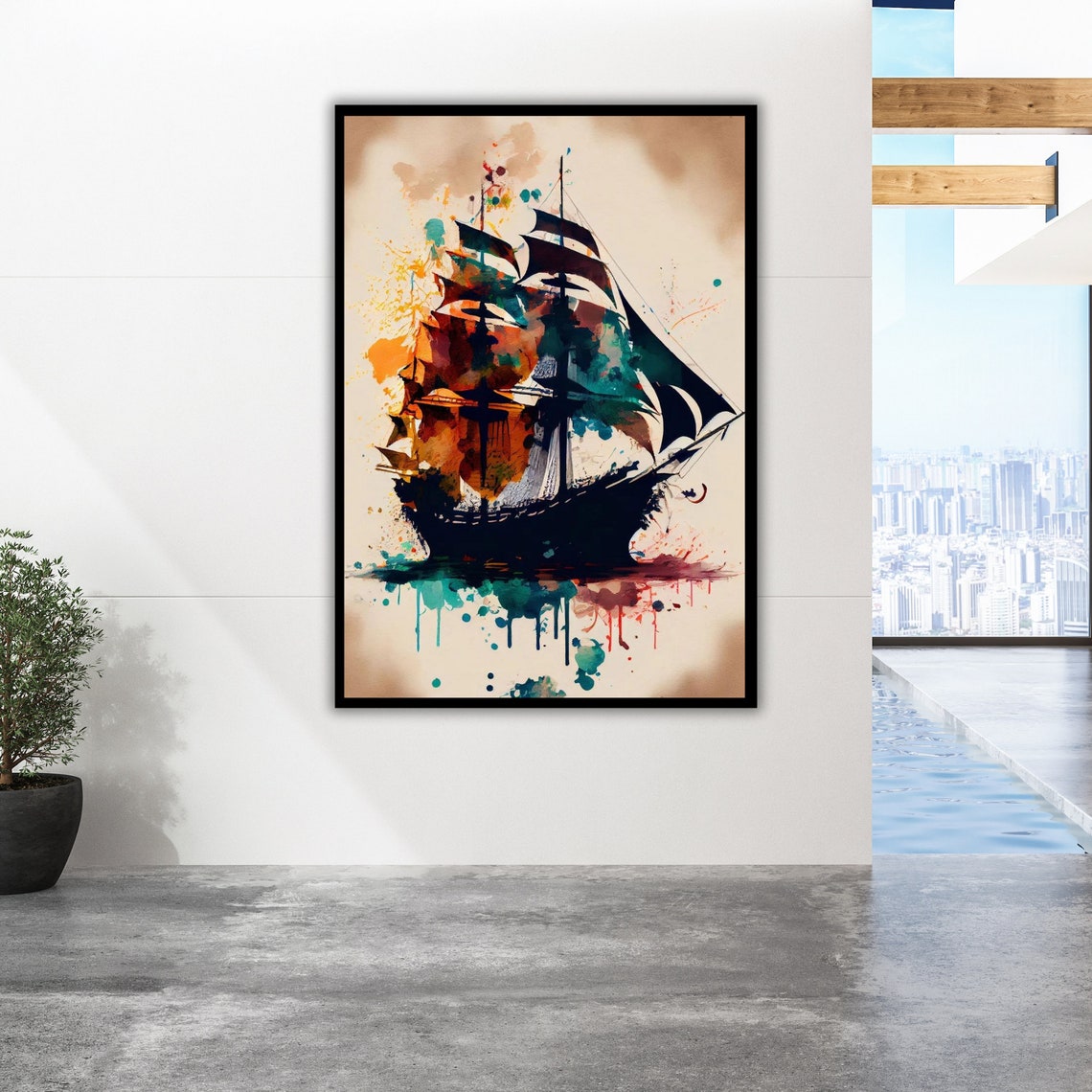 Tall Sailing Ship Watercolor Splash Art Nautical Ocean Fine Art Poster - Image 2