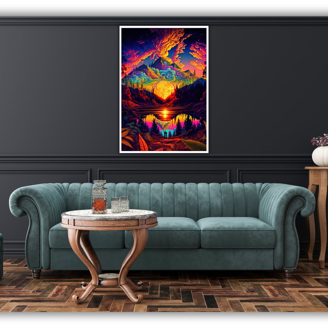 Psychedelic Sunset Mountain Lake Neon Clouds Surreal Nature Poster - Image 4