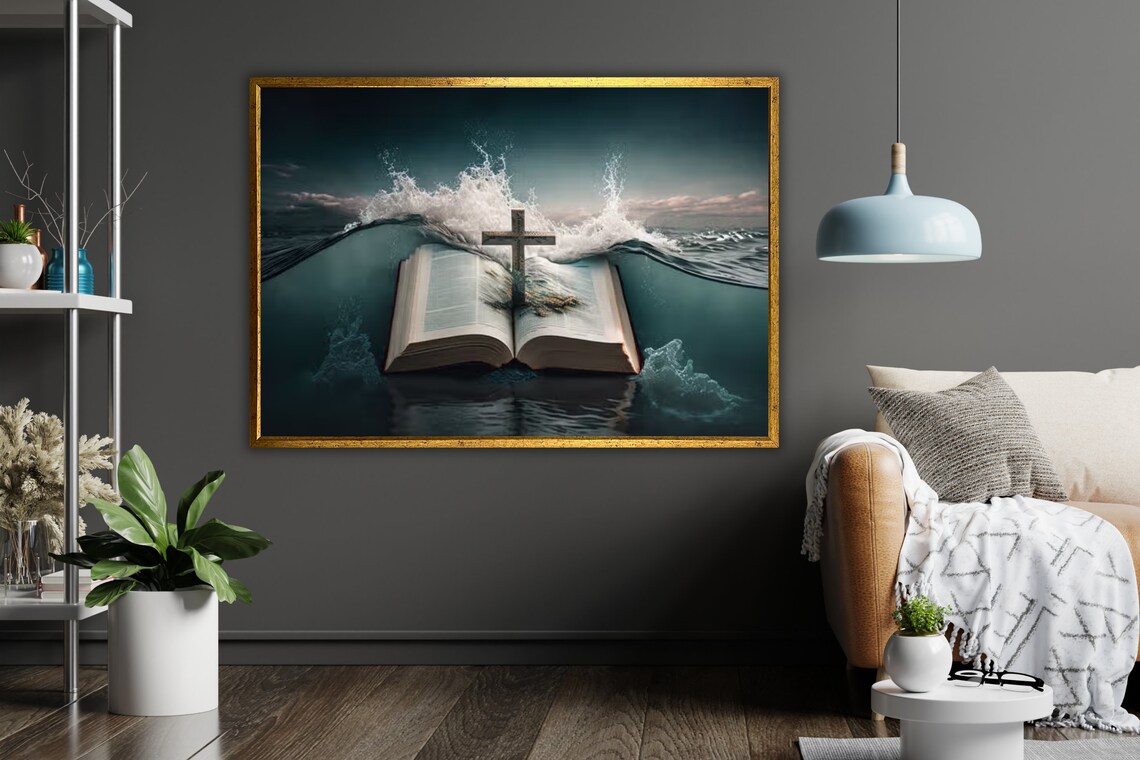 Open Bible With Wooden Cross Rising From Ocean Waves Christian Art Poster - Image 4