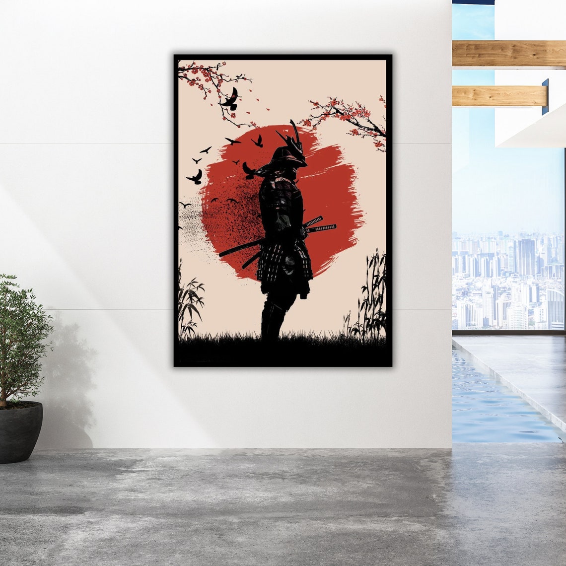 Samurai Silhouette Red Sun Cherry Blossom Japanese Warrior Poster - Image 2