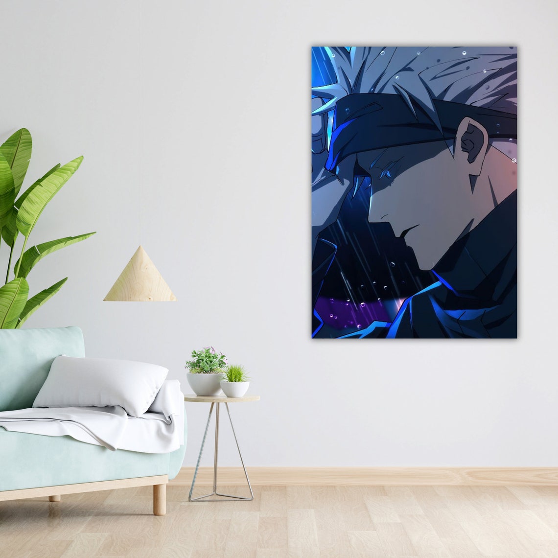 Satoru Gojo Jujutsu Kaisen Neon Blue Night Rain Anime Art Wall Poster - Image 5