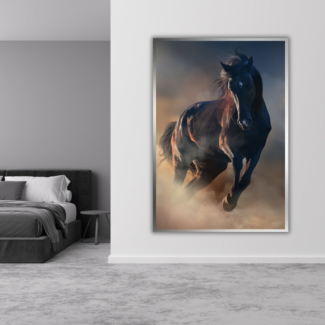 Dark Horse Galloping Through Dust Dramatic Equestrian Poster - Image 3