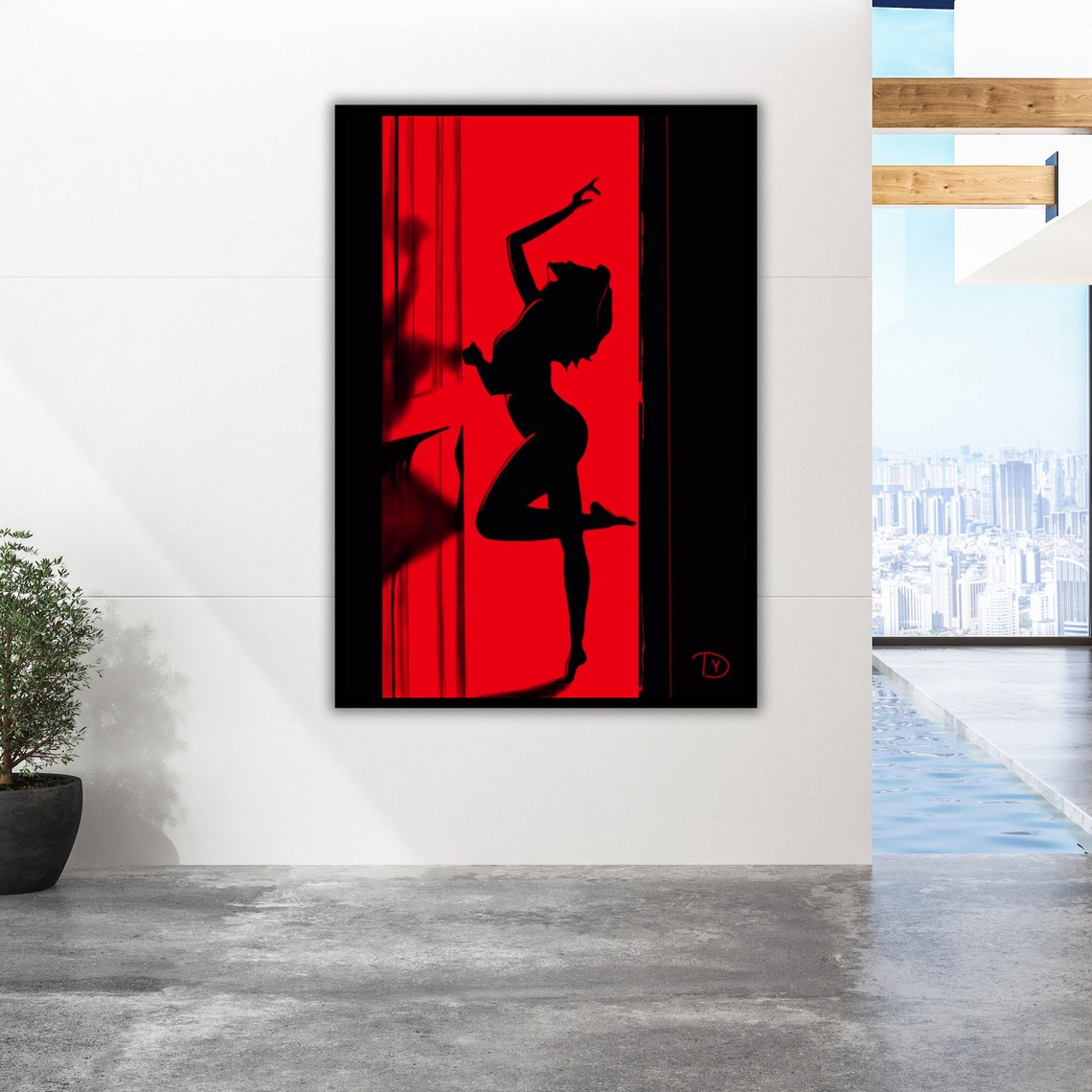 Dancing Woman Silhouette Vivid Red Doorway Bold Black Red Art Poster - Image 3