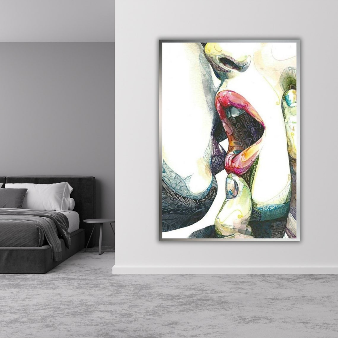 Romantic Kiss Watercolor Close Up Colorful Doodle Pattern Art Poster - Image 3