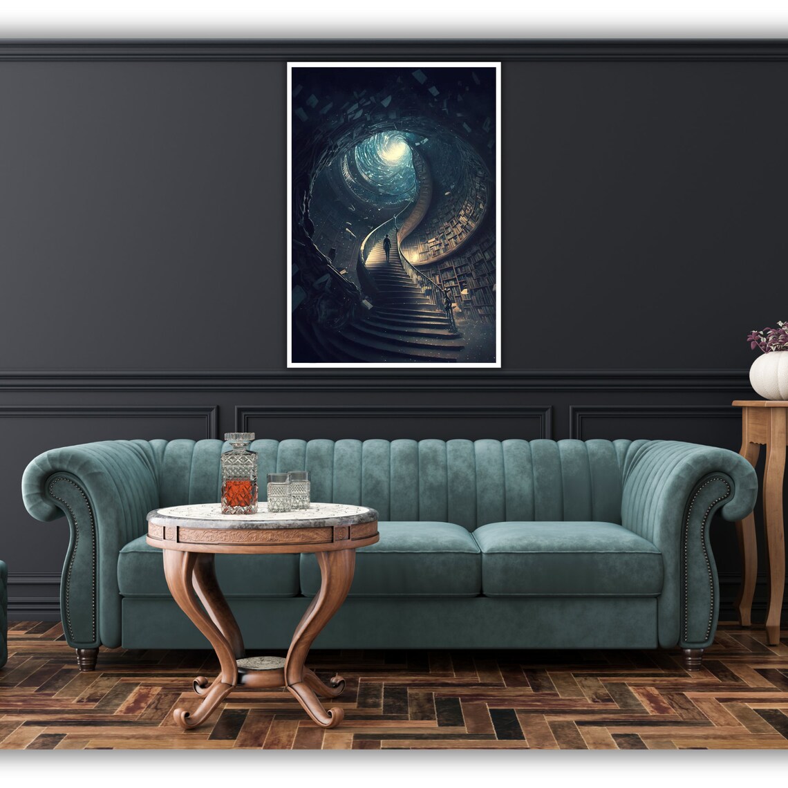 Endless Spiral Library Staircase Towering Bookshelves Fantasy Poster - Image 2