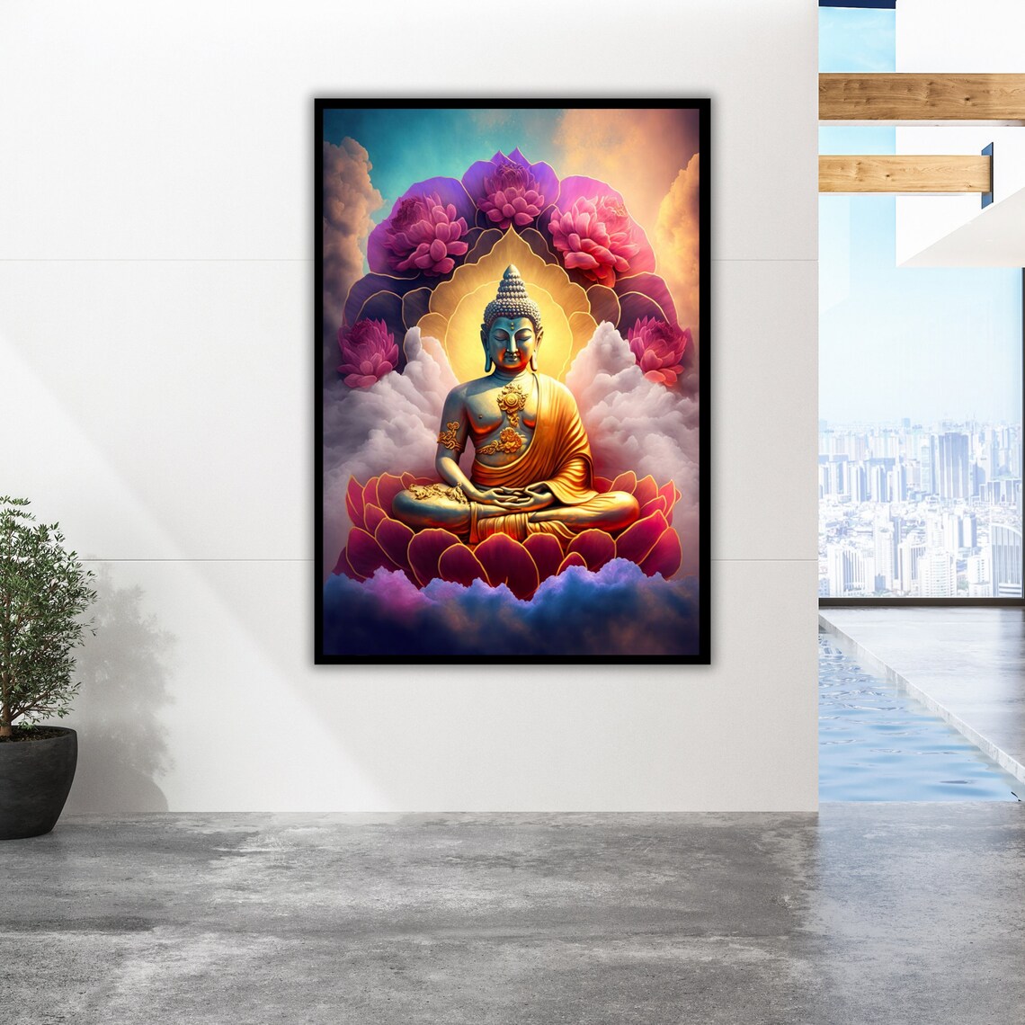 Golden Buddha Pink Lotus Clouds Radiant Spiritual Zen Art Poster - Image 3