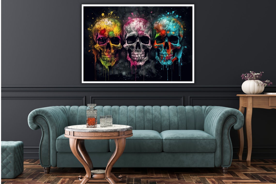 Three Colorful Graffiti Skulls Black Background Street Art Wall Poster - Image 3