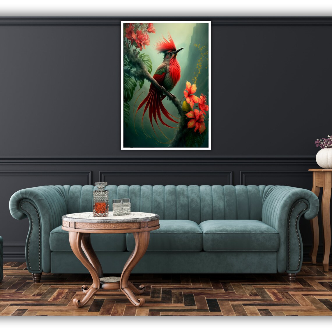 Crimson Plumed Tropical Bird Perched Among Flowers Jungle Art Poster - Image 2