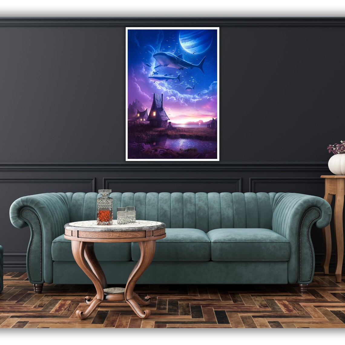Flying Sharks Moonlit Village Giant Planet Dreamlike Fantasy Sky Poster - Image 3