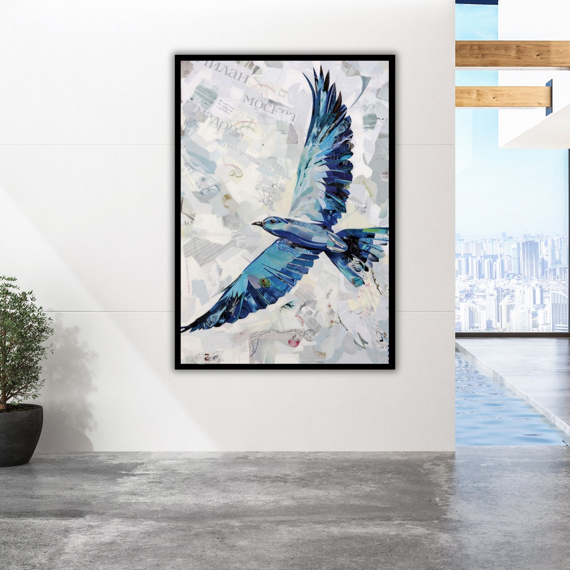 Blue Bird In Flight Mixed Media Collage Newspaper Texture Art Poster - Image 5