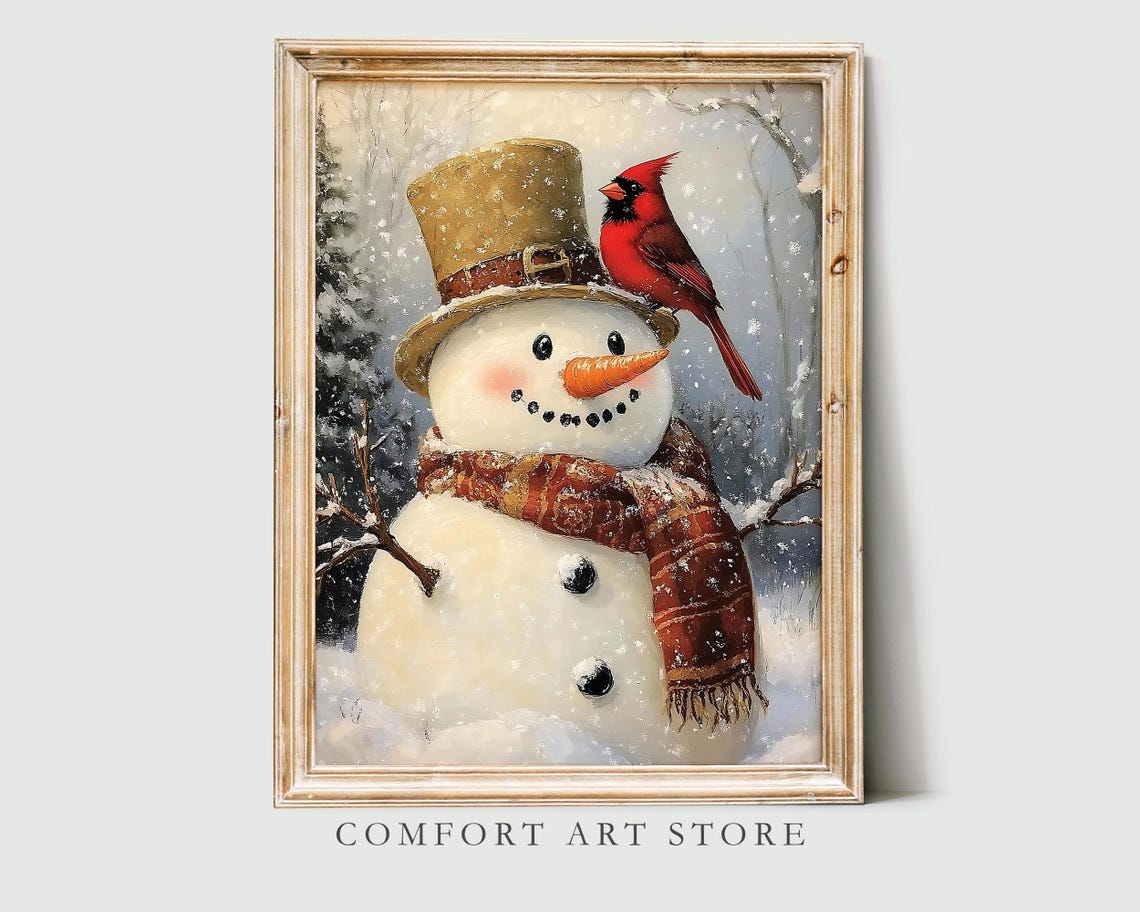 Snowman with Top Hat and Red Cardinal in Snowy Forest Wall Art