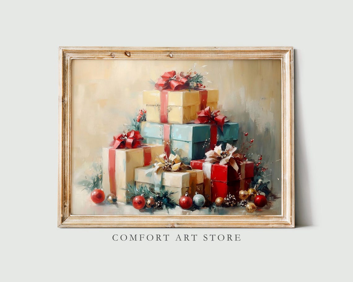 Stack of Christmas Gifts with Ribbons Vintage Holiday Poster