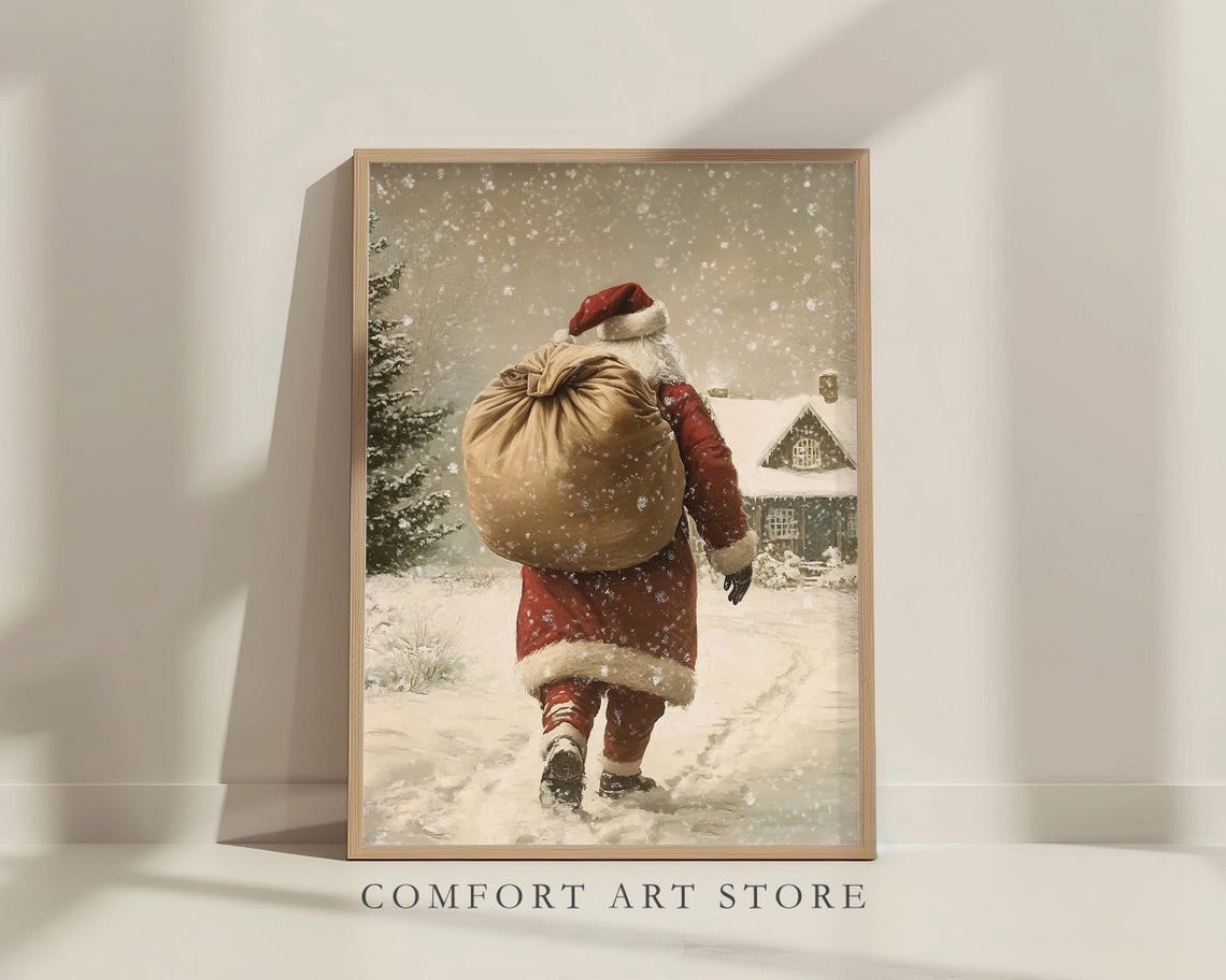 Santa Claus Carrying Gifts on Snowy Path to a Cabin Wall Art - Image 7