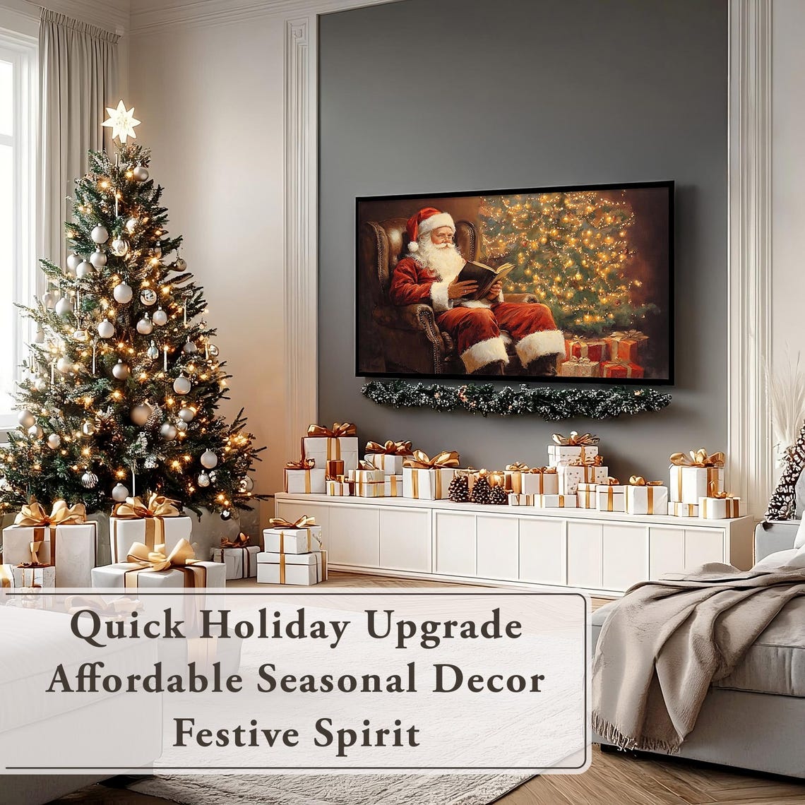 Santa Claus Reading a Book by the Christmas Tree Fireside Poster - Image 7
