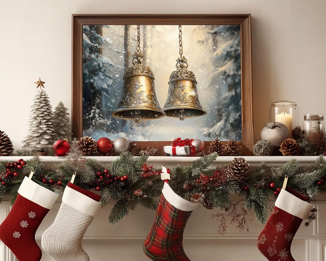 Ornate Brass Jingle Bells Hanging in a Snowy Winter Forest Poster - Image 3
