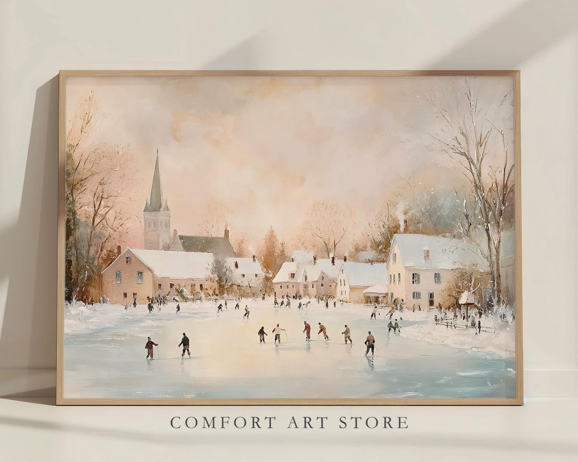Winter Skaters on Frozen Lake by Village Church Steeple Wall Art - Image 2