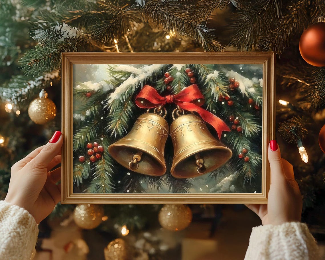 Vintage Christmas Wall Art Christmas Jingle Bells Print Winter Holiday Decor Antique Christmas Golden Bells Neutral Oil Painting Winter Pine - Image 4