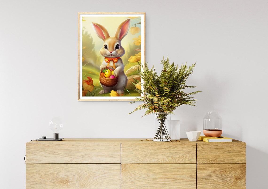Cute Easter Bunny with Basket of Painted Eggs in Spring Wall Art - Image 3