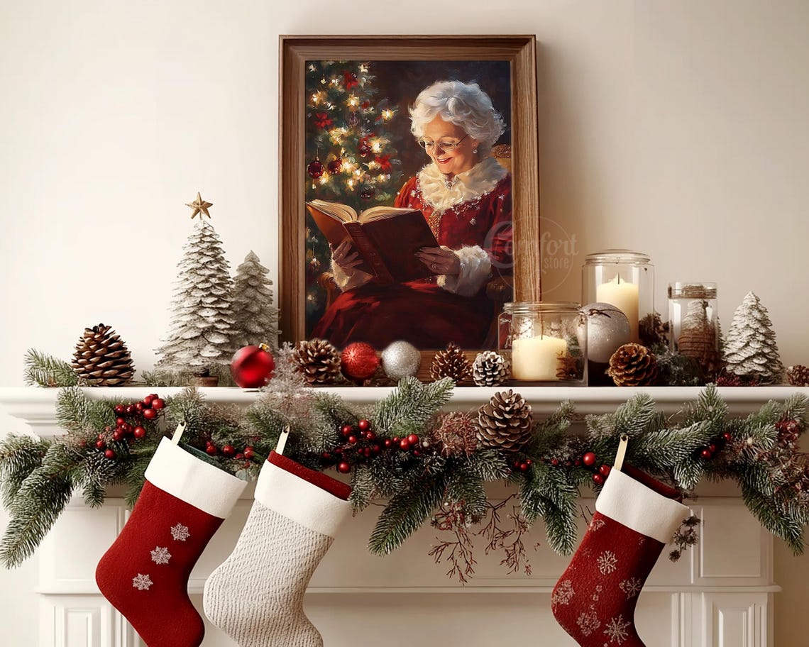 Mrs Claus Reading a Book by a Warmly Lit Christmas Tree Wall Art - Image 6