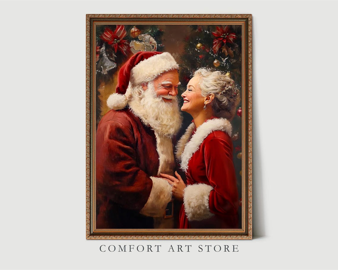 Santa and Mrs Claus Embracing in Front of Christmas Tree Poster - Image 8