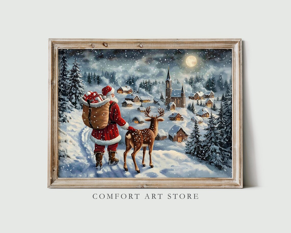 Santa Claus With Reindeer Over A Snowy Village Under Moonlight Print