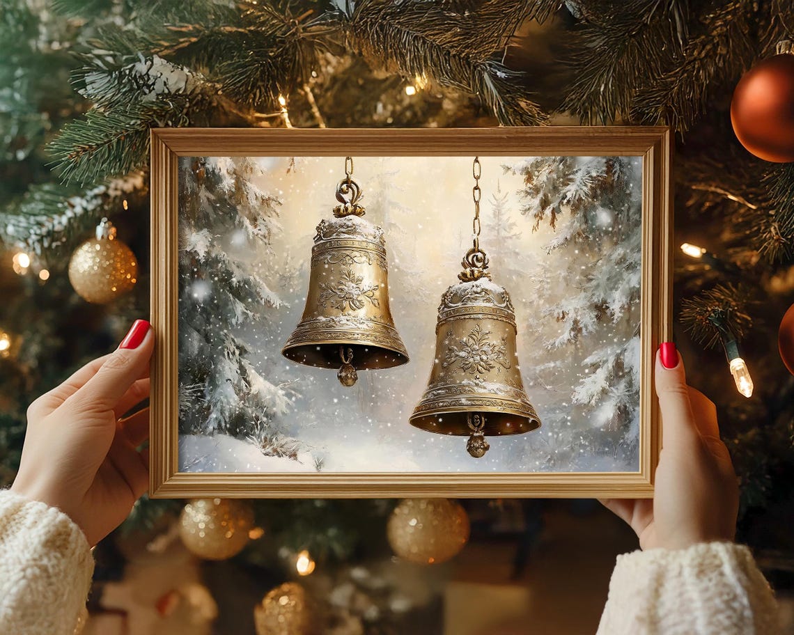 Engraved Brass Christmas Bells in a Snowy Forest Winter Poster - Image 8