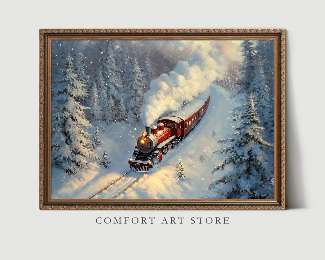 Red Steam Train Traveling Through a Snowy Winter Forest Poster - Image 7