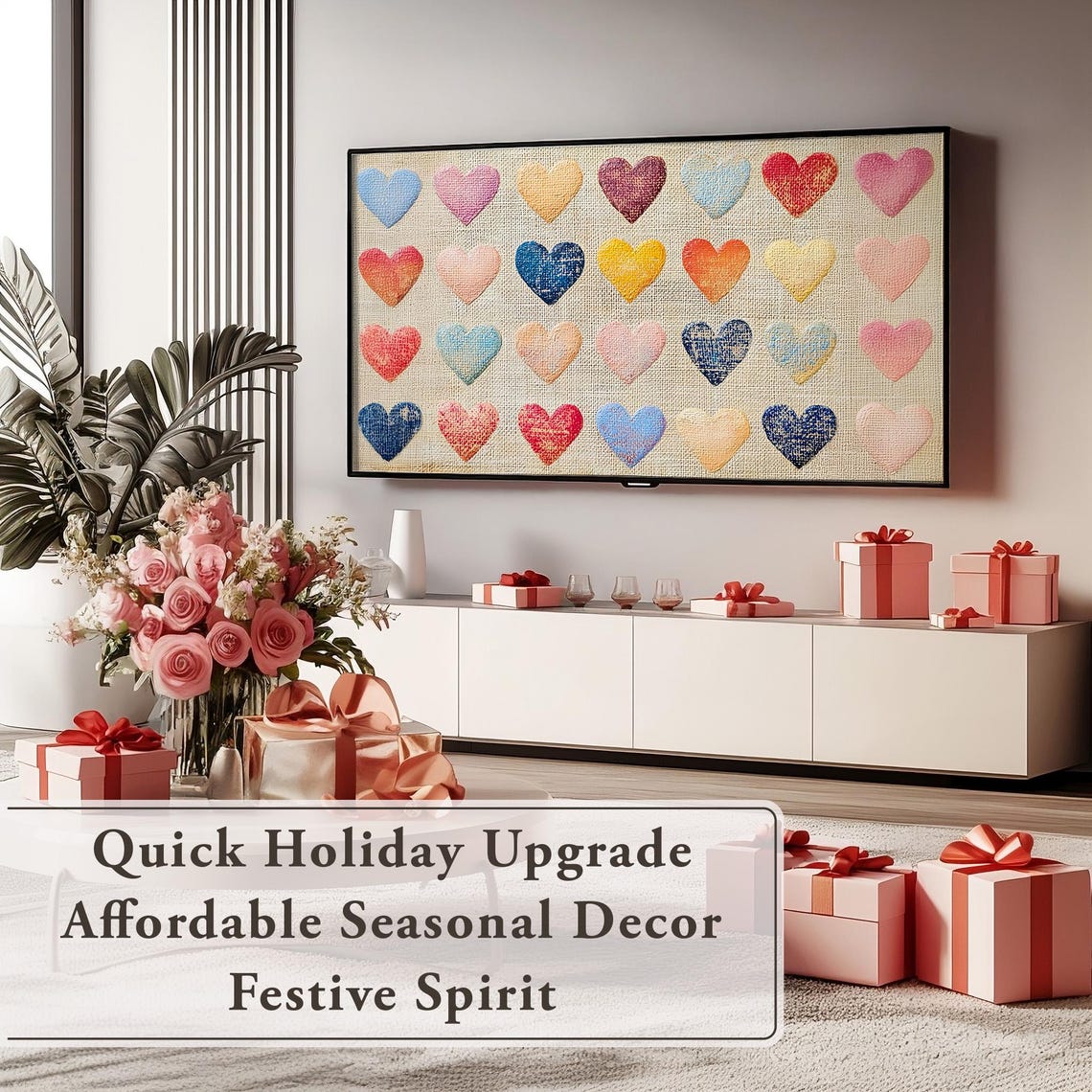 Colorful Fabric Hearts Grid Rustic Linen Frame TV Art Valentine Poster - Image 4