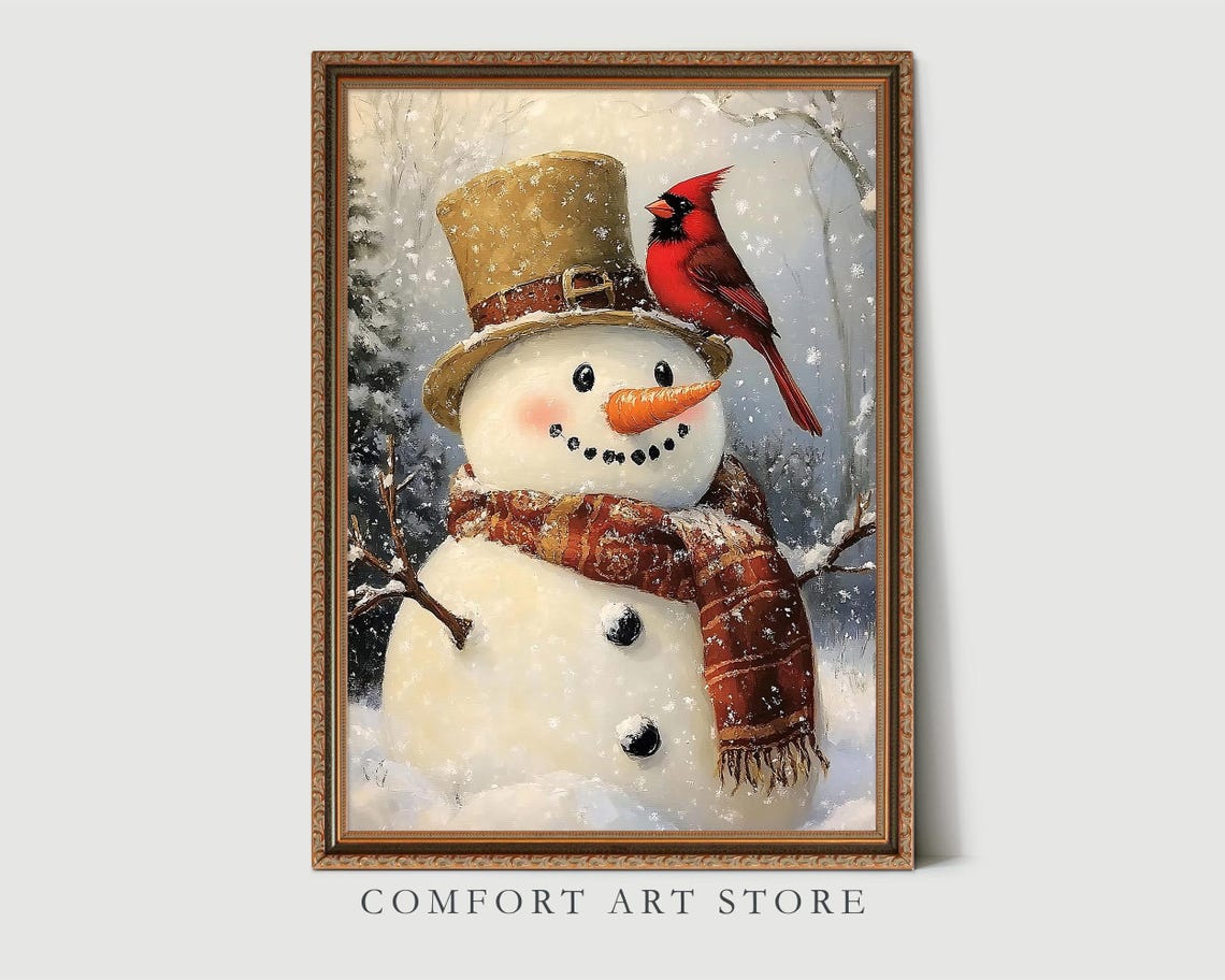 Vintage Christmas Wall Art Snowman Print Carrot Nose Red Cardinal Holiday Winter Decor Neutral Christmas Oil Painting Antique Snowman Print - Image 3