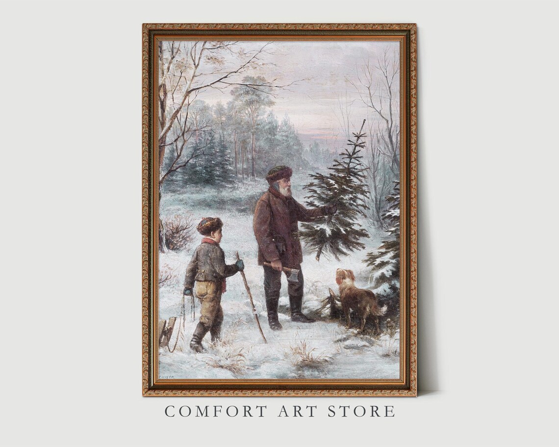 Vintage Painting of Father and Son Cutting Christmas Tree Wall Art - Image 3