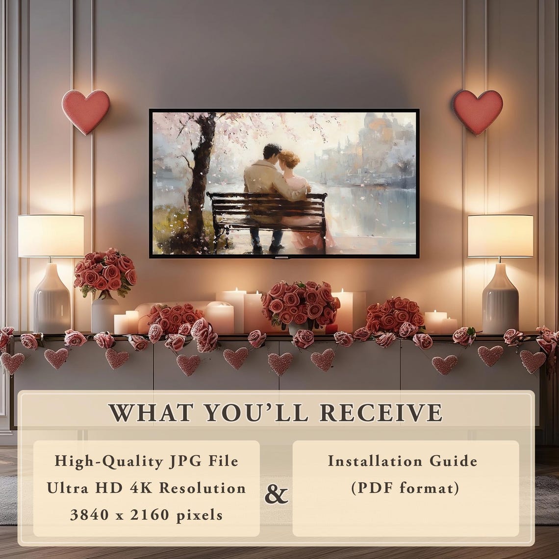Embracing Couple Bench Blossom River Romantic Painting Decor Poster - Image 6