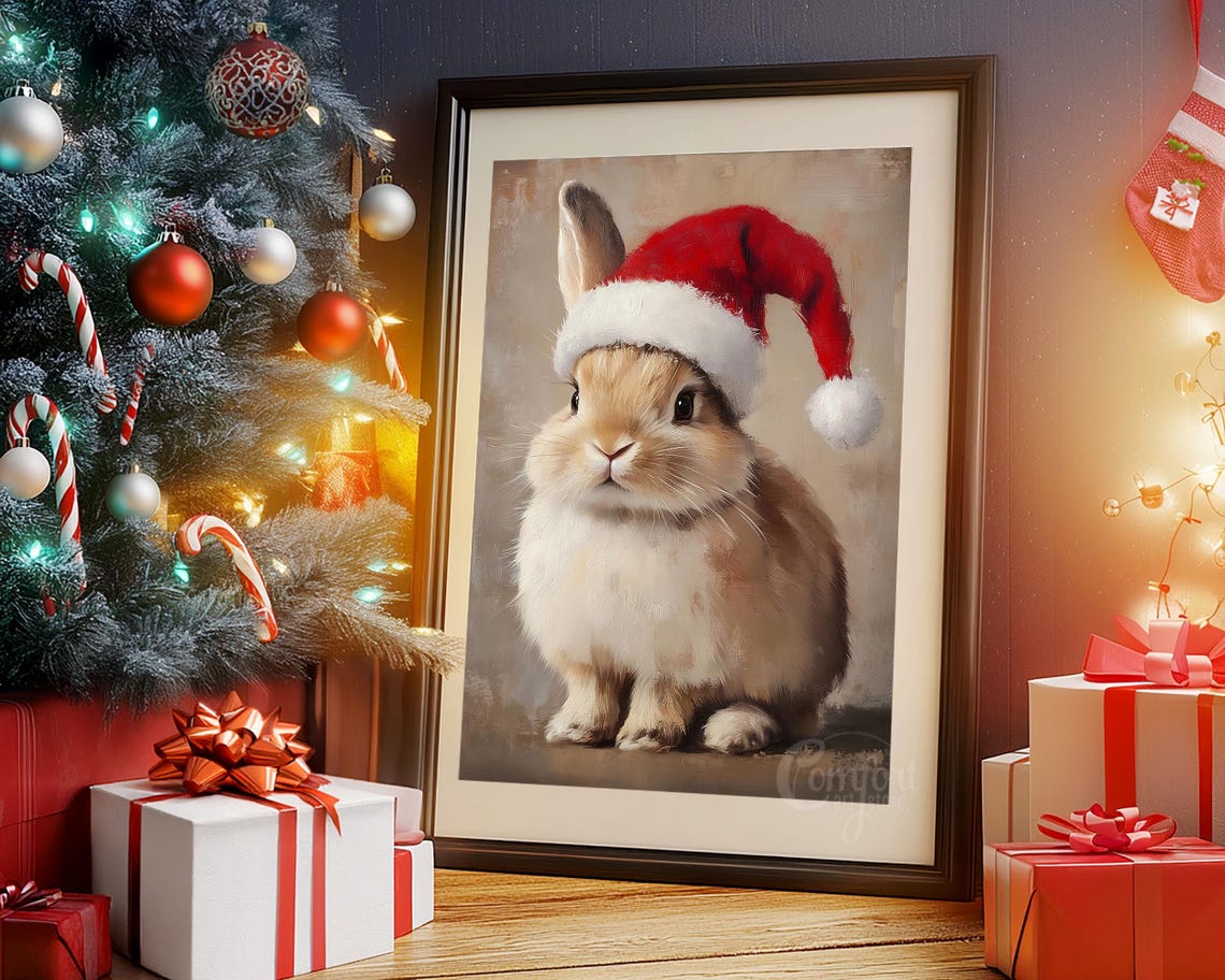 Adorable Bunny Wearing Santa Hat Christmas Portrait Art Poster - Image 5