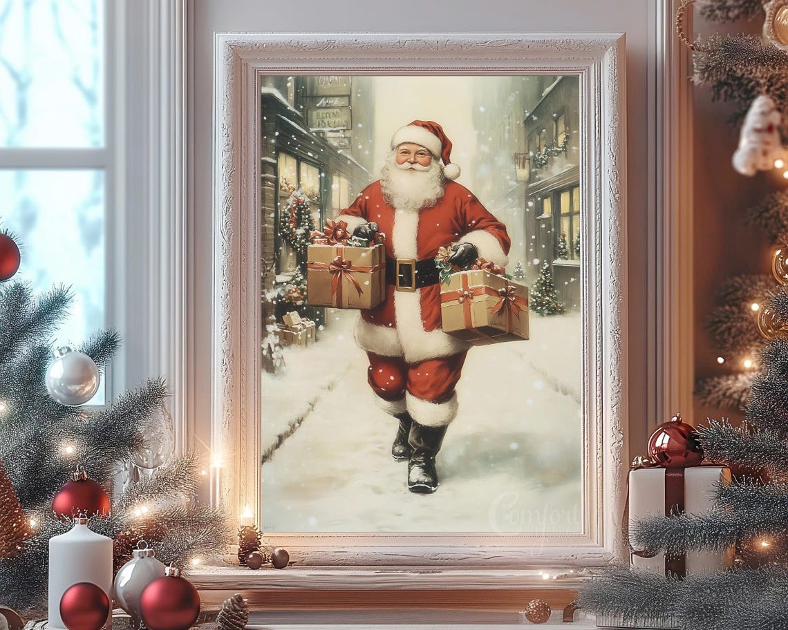 Santa Claus Print Vintage Christmas Wall Art Christmas Snowy Street Print Winter Holiday Decor Antique Christmas Gift Neutral Santa Wall Art - Image 8