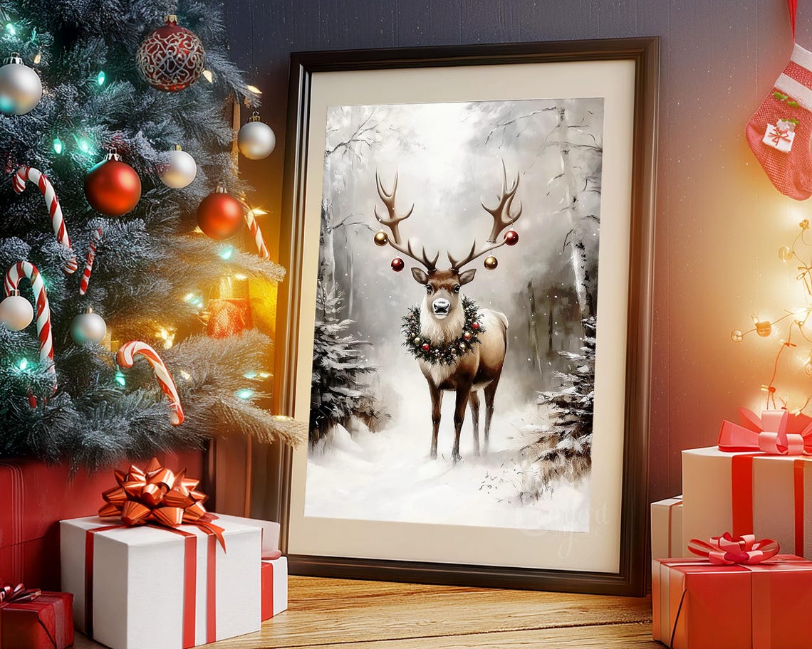 Majestic Deer with Christmas Ornaments on Antlers Snow Poster - Image 5